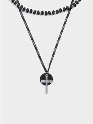 Men's Markham Cross Disc Chain and Bead Black Necklace Set