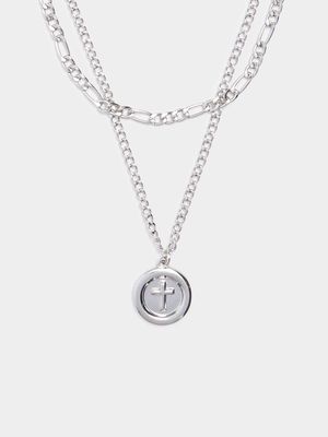 Men's Markham Cross Disc Silver Necklace Set