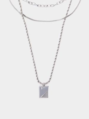 Men's Markham Crystal Tag Silver Necklace Set