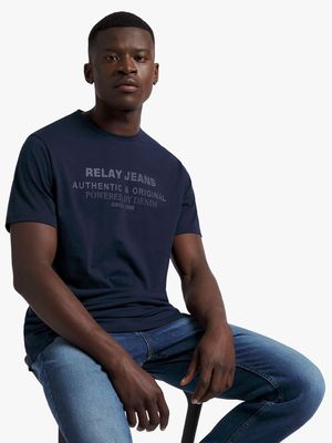 Men's Relay Jeans Slim Fit Tonal Branded Navy Graphic T-Shirt