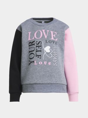 Younger Girl's Grey Colour Block Graphic Print Sweat Top