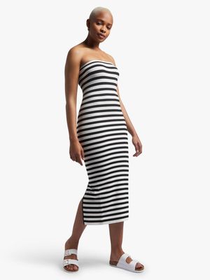 Women's Black & White Stripe Seamless Bandeau Dress With Back Slit