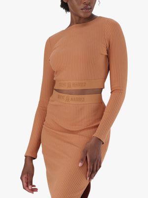 Women's Steve Madden Brown  Co-Ord Ava Rib Boatneck Crop Top