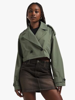 Women's Green Cropped Trench Jacket