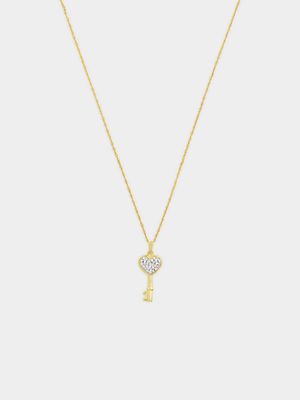 Yellow Gold Crystal Heart Key Pendant on Chain