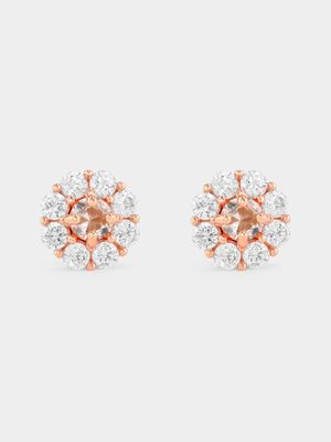 Rose Gold Plated Sterling Silver Morganite Cubic Zirconia Cluster Stud Earrings
