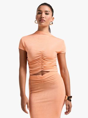 Women's Orange Co-Ord Funnel Neck With Front Ruch Detail