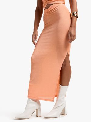 Women's Orange Co-Ord Slinky Midi  Skirt