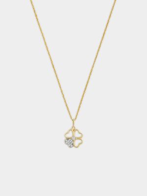 Yellow Gold Cubic Zirconia Heart Clover Pendant on Chain