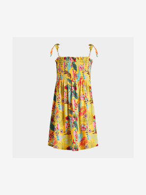 Younger Girl's Yellow Tropical Print Smocked Dress