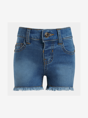 Younger Girl's Mid Blue Frayed Denim Shorts