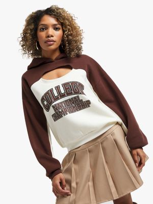 Women's Chocolate & Milk Fleece Cut Out Sweat With Graphic Print Hoodie