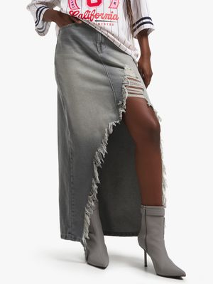 Women's Grey Rip & Repair Denim Midaxi  Skirt