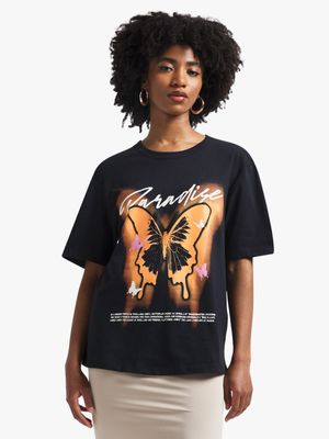 Women's Black Paradise Butterfly Graphic Top