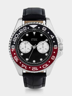 MX Silver Plated Black Dial Black Faux Leather Watch