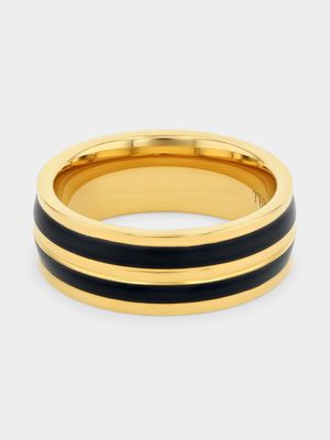 Tungsten Black Gold Stripes Two Tone Ring - V