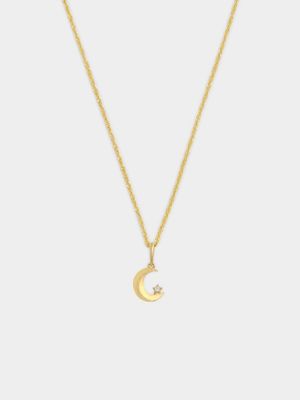 Yellow Gold Moon and Cubic Ziconia Star Pendant on a Chain