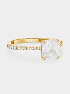 Yellow Gold Cubic Zirconia Cushion Solitaire Pavé Ring