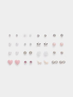 Girl's Silver & Pink 20-Pack Stud Earrings