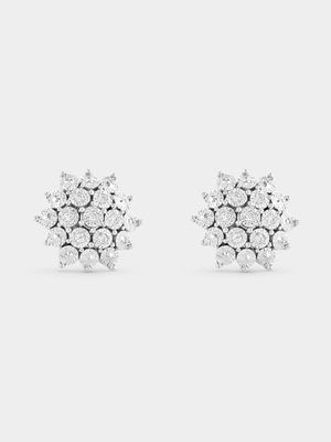 White Gold Diamond Illusion Cluster Stud Earrings