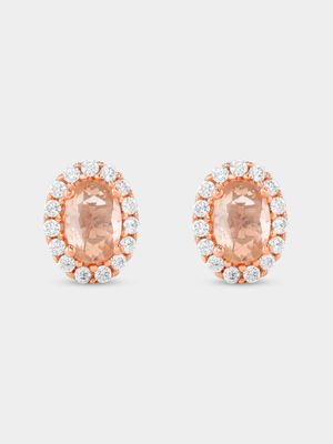 Rose Plated Sterling Silver Morganite Cubic Zirconia Oval Halo Stud Earrings