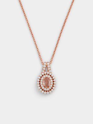 Rose Plated Sterling Silver Morganite Cubic Zirconia Oval Double Halo Pendant