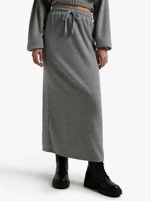 Women's Grey Melange Maxi Skirt With Slit