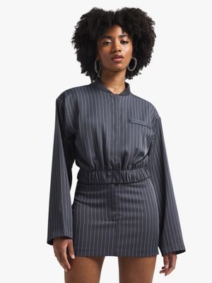 Women's Grey Stripe Mini Skirt With Extended Waistband