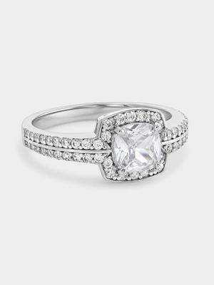 Sterling Silver Cubic Zirconia Cushion Halo Ring