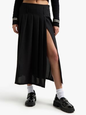 Women's Black Pleated Midi Skirt Wth Side Slit