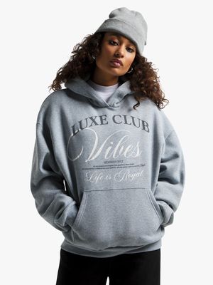 Women's Grey Fleece Oversized Hoodie With Print
