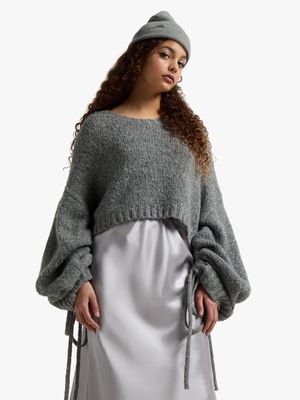 Women's Grey Knit Ruched Sleeves Crop Top