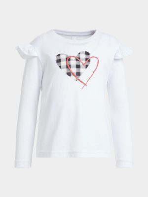 Younger Girl's White Graphic Print Ruffle T-Shirt