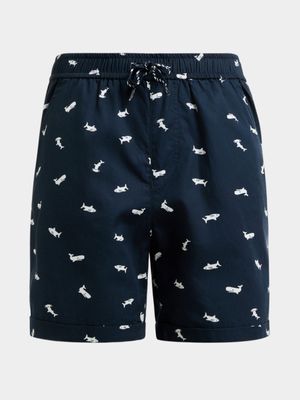 Younger Boy's Navy Shark Print Shorts