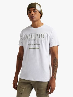 Men's Relay Jeans Slim Fit Box Slogan White Graphic T-Shirt