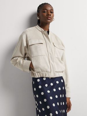 Suedette Cropped Utility Bomber Jacket