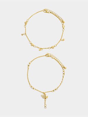 2 Pack Heart & Butterfly Anklet Set