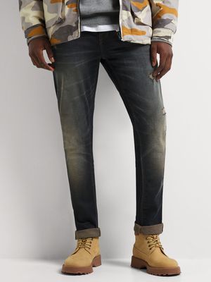 Men's Relay Jeans Skinny Rip and Repair Dark Wash Blue Jean