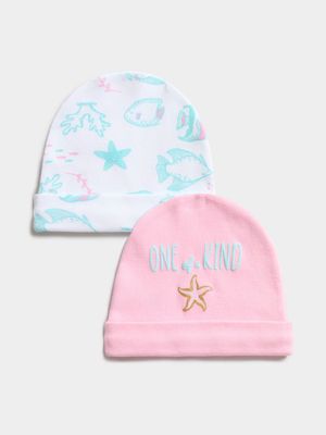 Jet Infant Girls Pink/White 2 Pack Sea Creatures Beanies