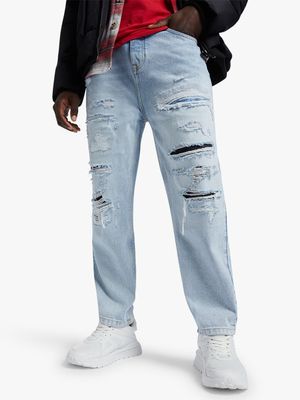 Men's Relay Jeans Cropped Tapered Destroyed Light Blue Jean