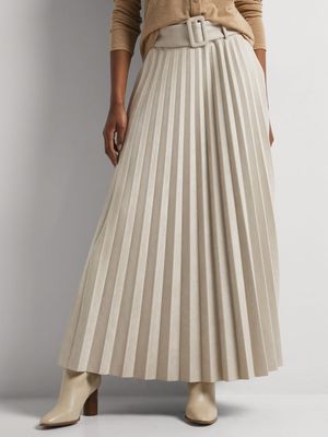 Belted Pleated Suedette Maxi Skirt