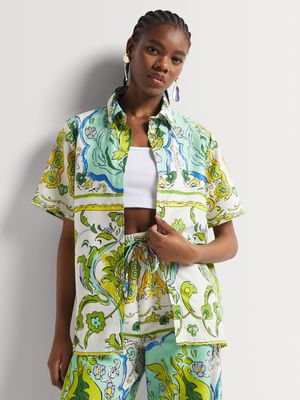 Relaxed Printed Faux Linen Shirt