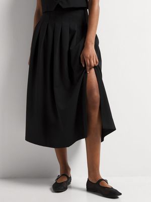 Side Slit Pleated Midi Skirt
