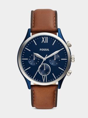 Fossil Fenmore Silver & Blue Plated Brown Leather Watch