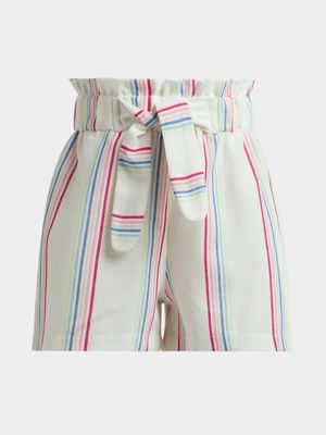 Younger Girl's White Striped Paperbag Shorts