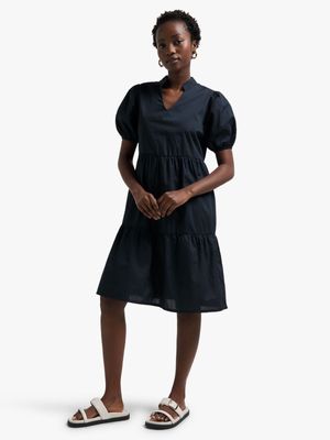 Jet Women's Denim Black Poplin Tier Dress