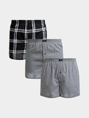 Men's Black Check & Grey 3-Pack Boxer Shorts