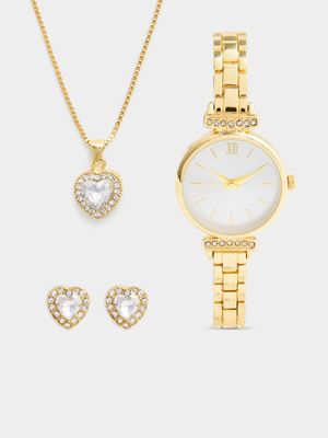 Women's Gold Diamante Watch, Necklace & Earring Set