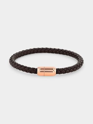 Stainless Steel Rose Plated & Brown Woven Synthetic Leather Bracelet