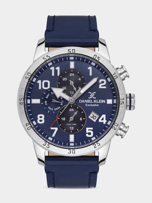 Daniel Klein Silver Plated Blue Leather Chronograph Watch